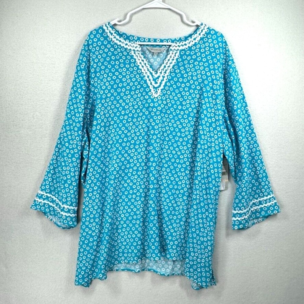 Multiples Top Womens Size 2XL Blue Flower Tunic Shirt Scallop Hem Spring NEW